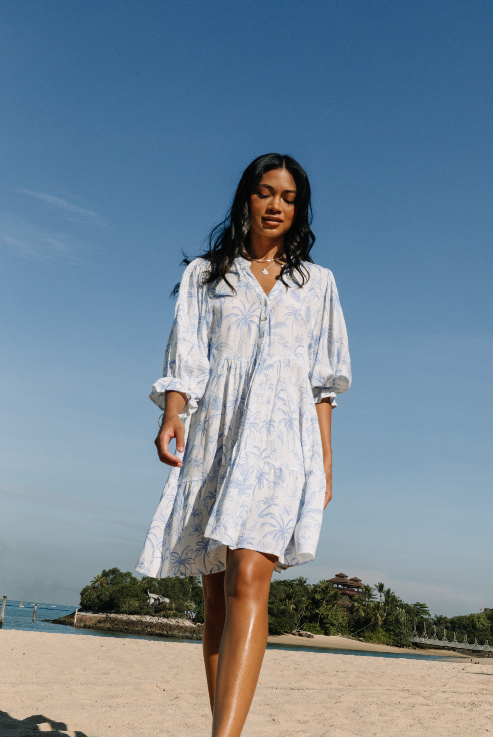 Blue and white print mini dress with short sleeve in breathable viscose fabric