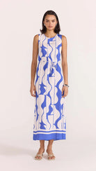 Santi Sheath Dress in Blue and White Abstract Print