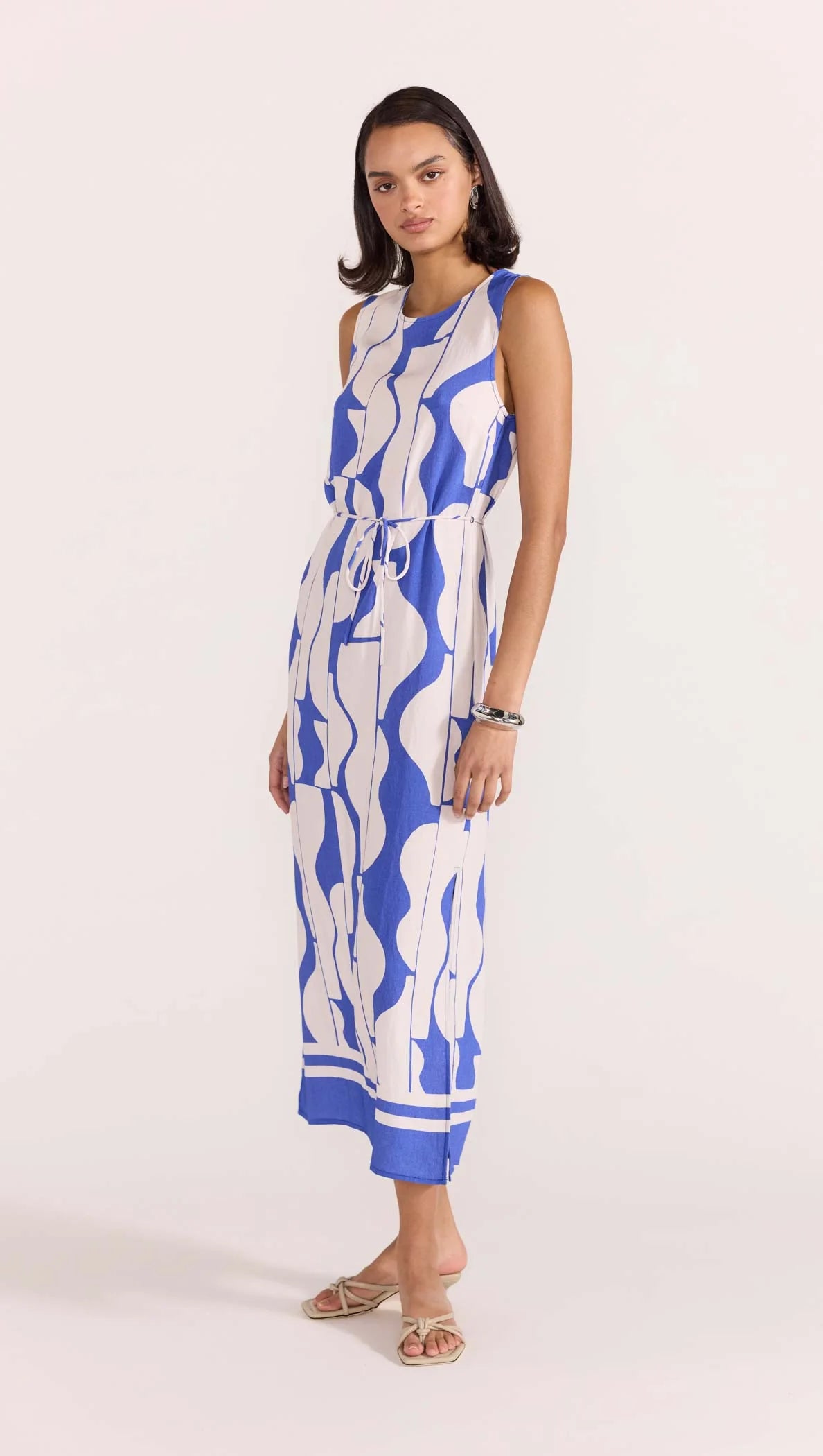 Santi Sheath Dress in Blue and White Abstract PrintSanti Sheath Dress in Blue and White Abstract 