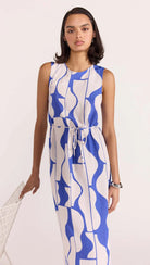 Santi Sheath Dress in Blue and White Abstract Print