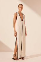 Plunged cream and black panelled maxi dress from Shona Joy