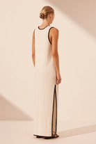 Plunged cream and black panelled maxi dress from Shona Joy