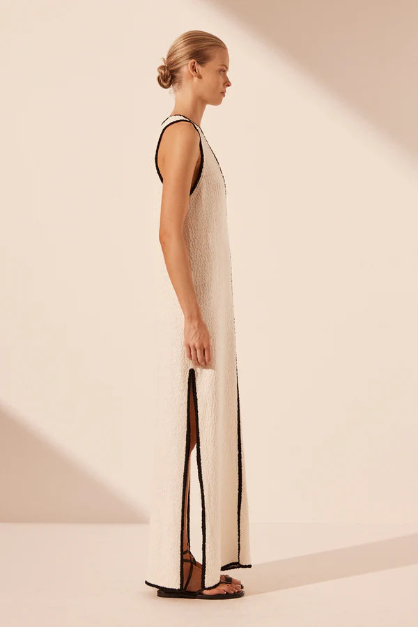 Plunged cream and black panelled maxi dress from Shona Joy