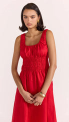 RED SHIRRED DRESS FROM STAPLE THE LABEL