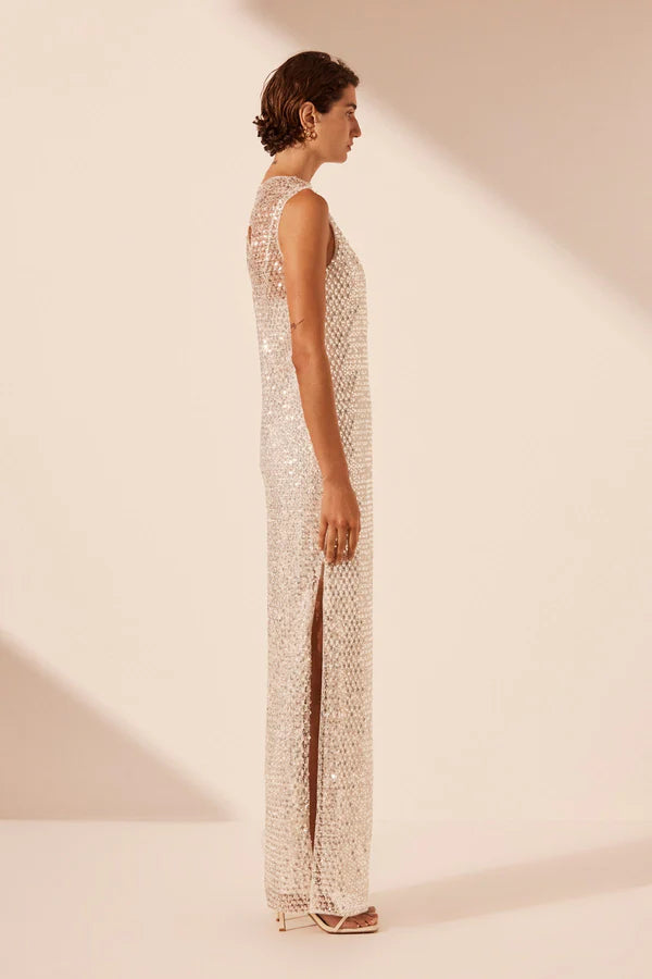 Silver embellished maxi dress from Shona Joy