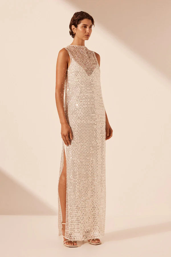 Silver embellished maxi dress from Shona Joy