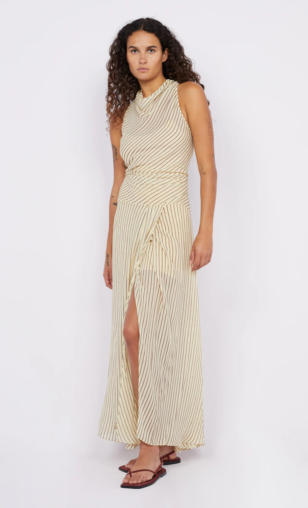 Bec + Bridge high neck anise dress in neutral stripe