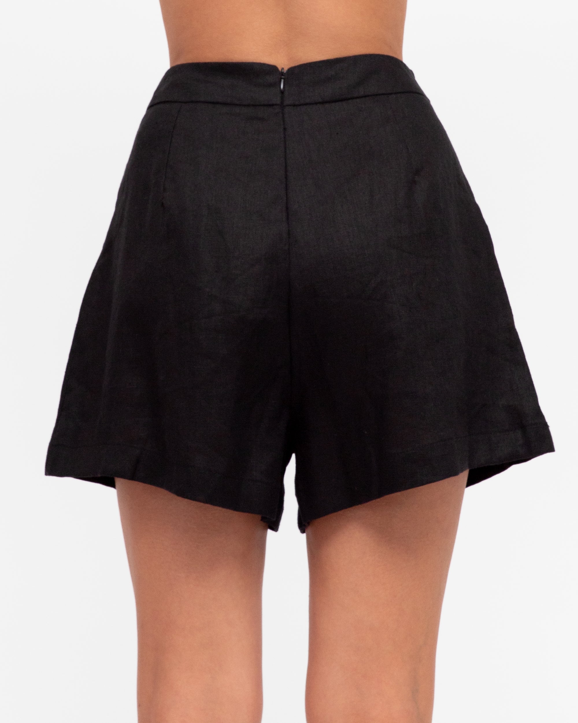 Black Tailored Linen Shorts with Centre back zip