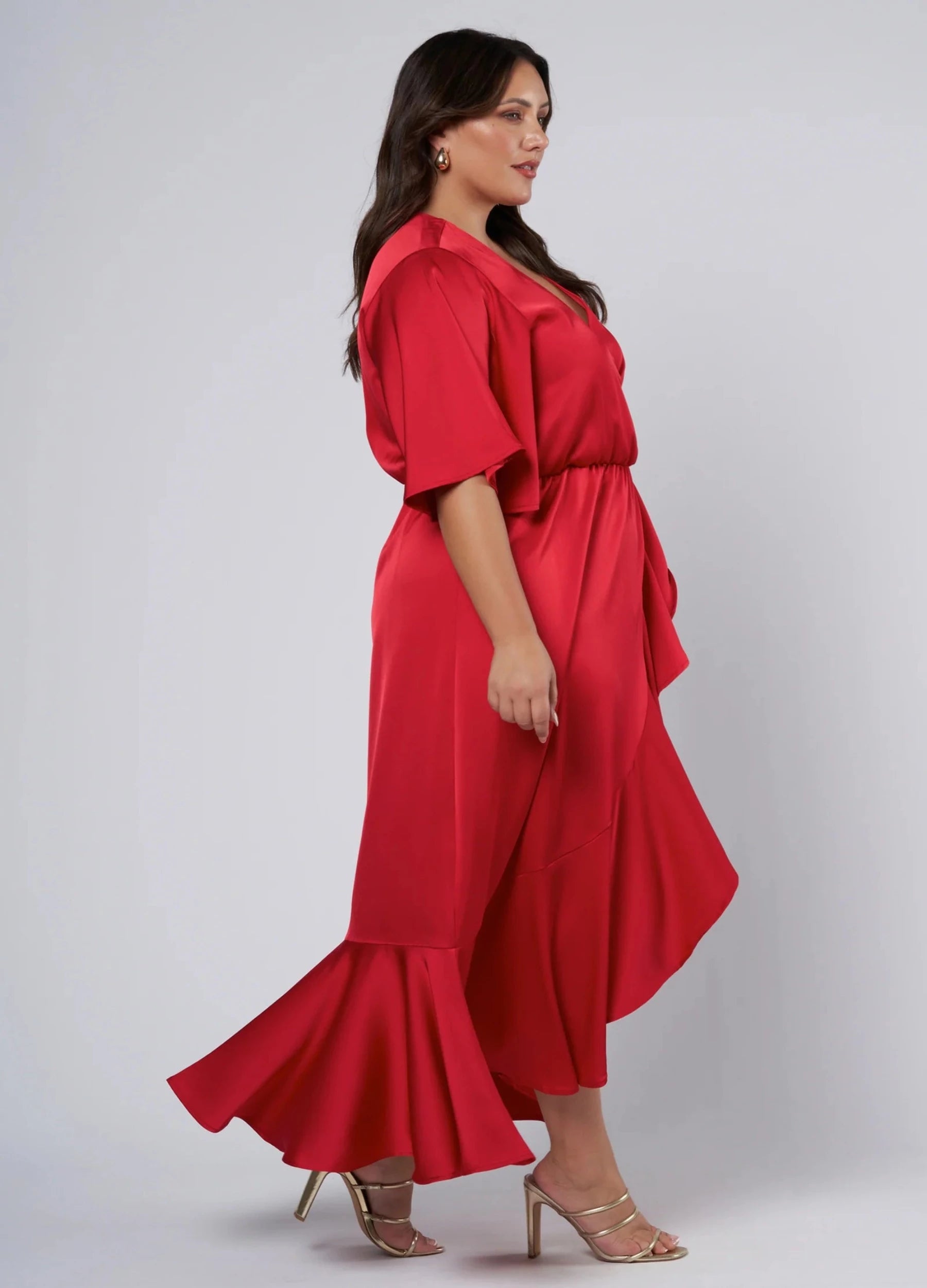 Red satin wrap dress in 100% polyester