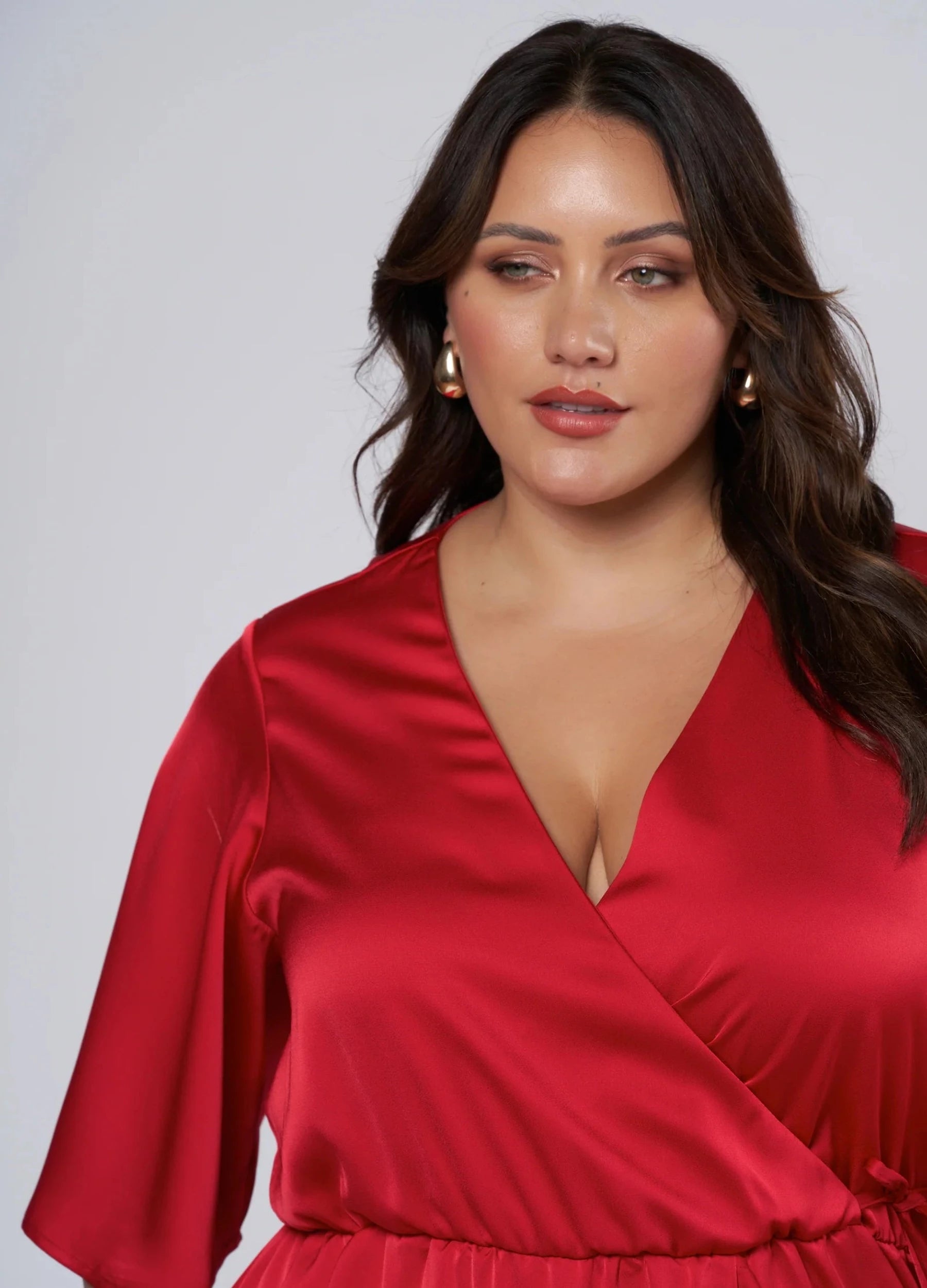 Red satin wrap dress in 100% polyester