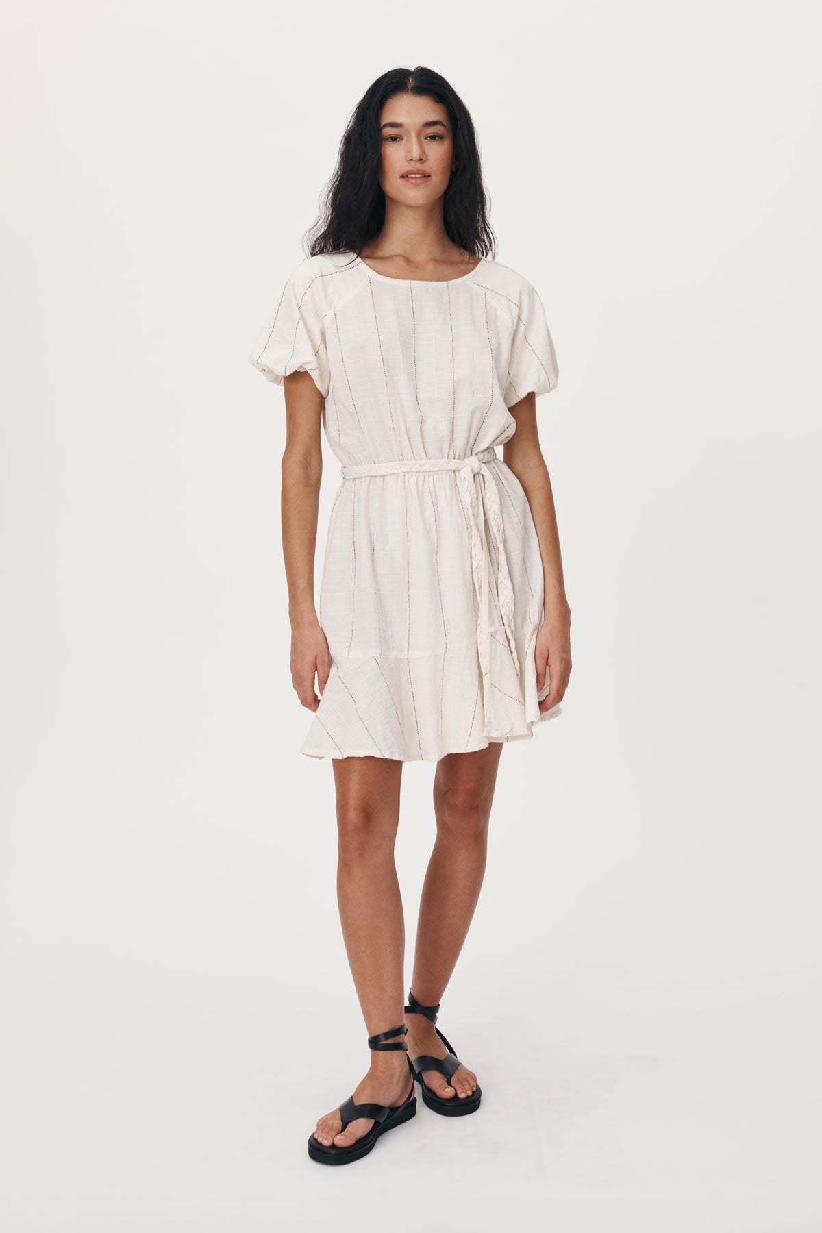 White sustainable cotton mini dress with belt