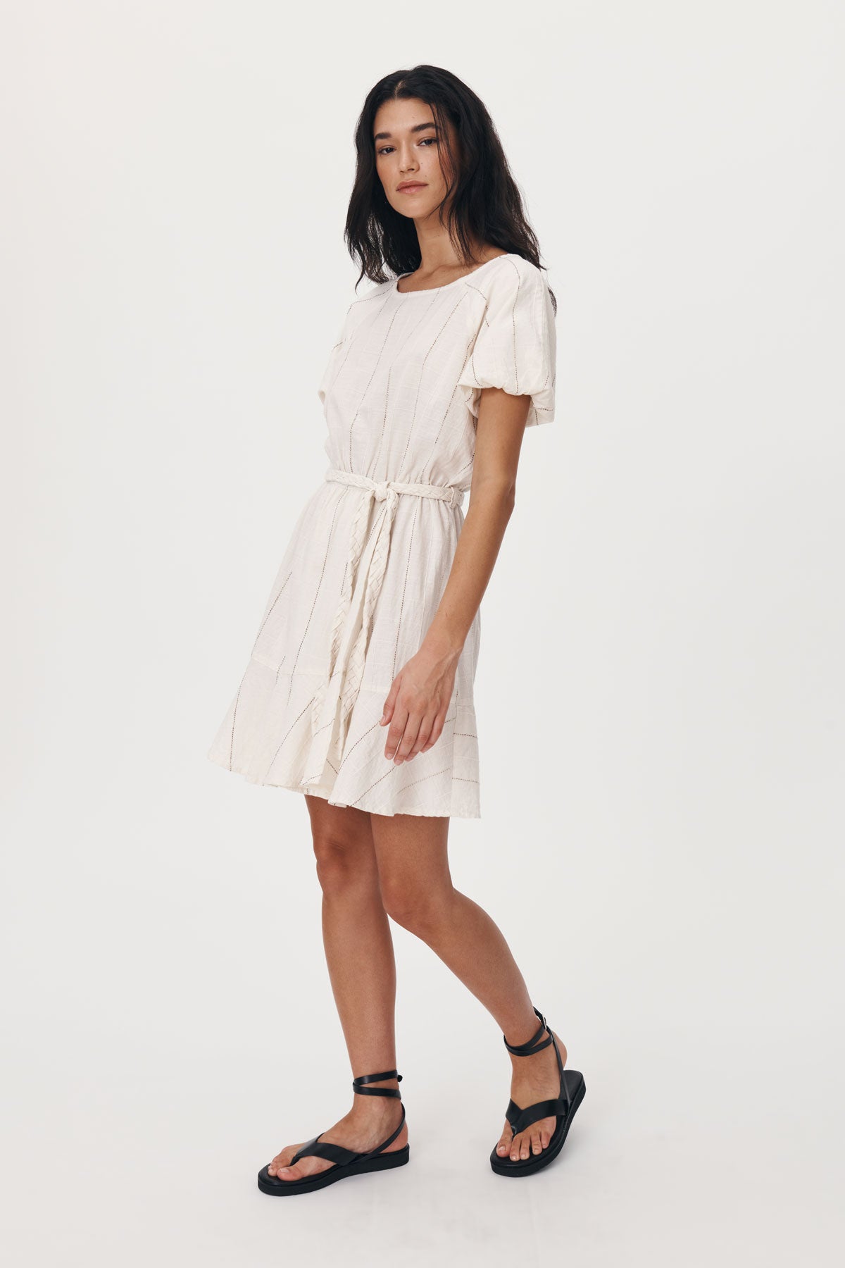 White sustainable cotton mini dress with belt