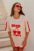 Palm Collective Mon Cheri Tee with Cherries and Stripes in neutral and red