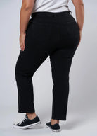 Plus size black jean cut for curves, cropped at hem