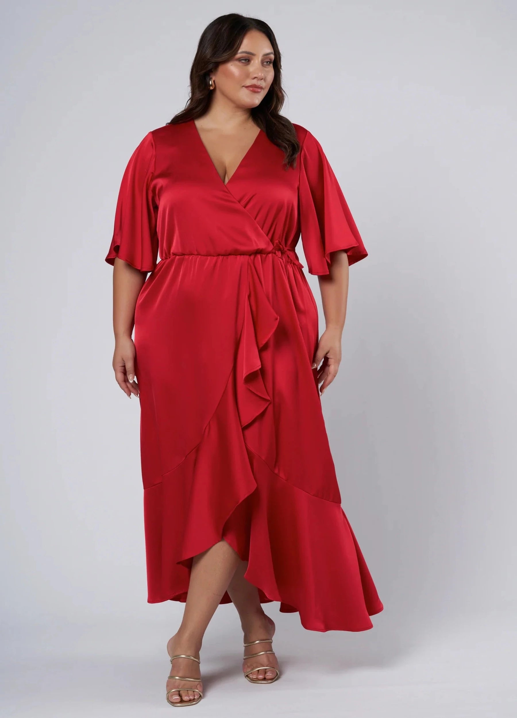 Red satin wrap dress in 100% polyester