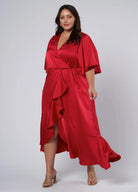 Red satin wrap dress in 100% polyester