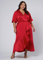 Red satin wrap dress in 100% polyester