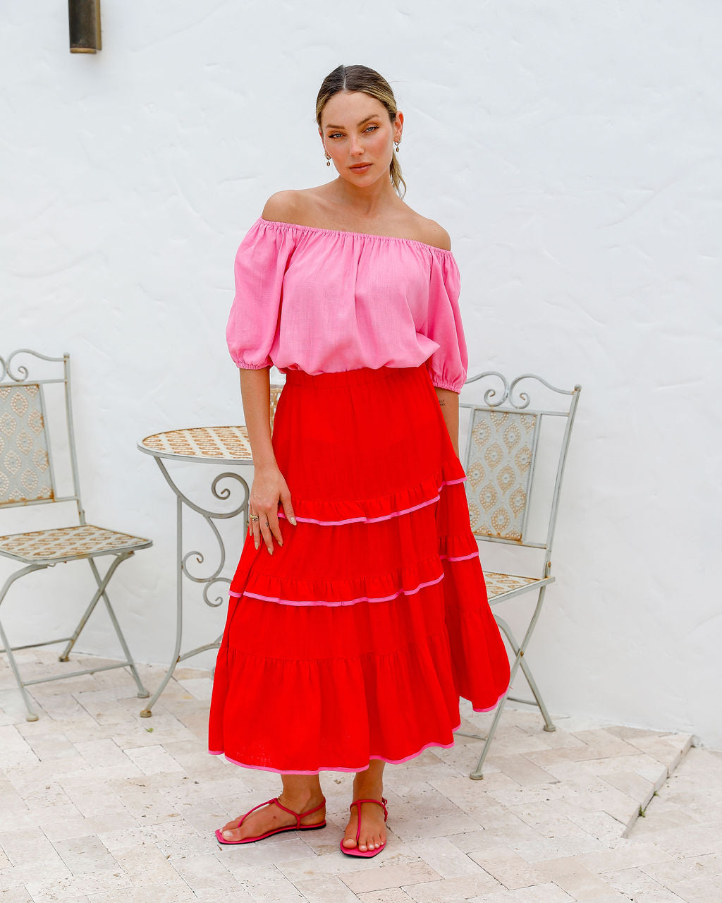 Red maxi skirt with pink trim