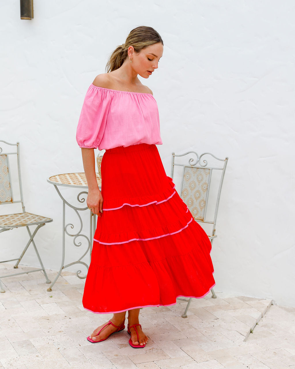 Red maxi skirt with pink trim