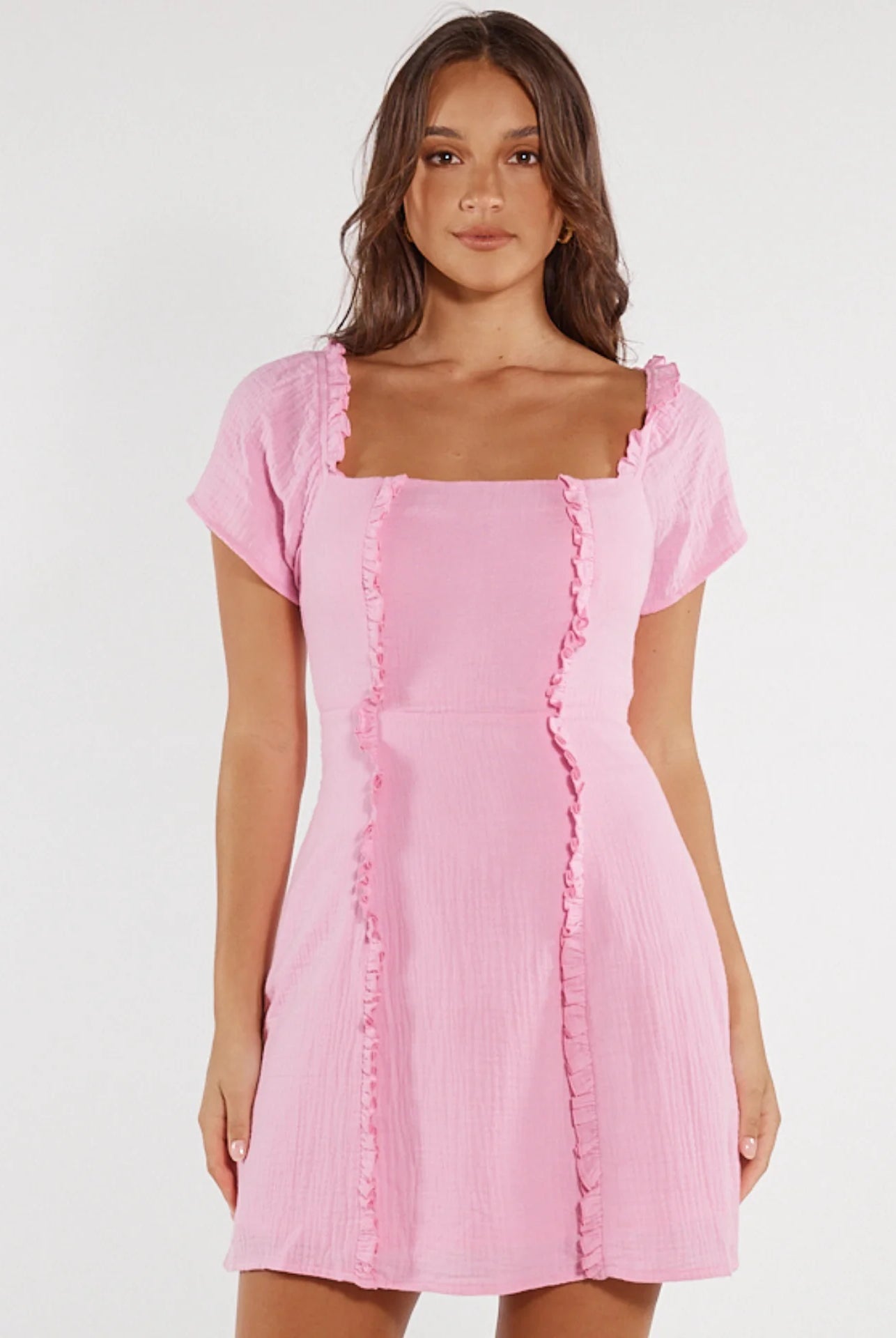 Pink Cotton Gauze Mini Dress with frill details