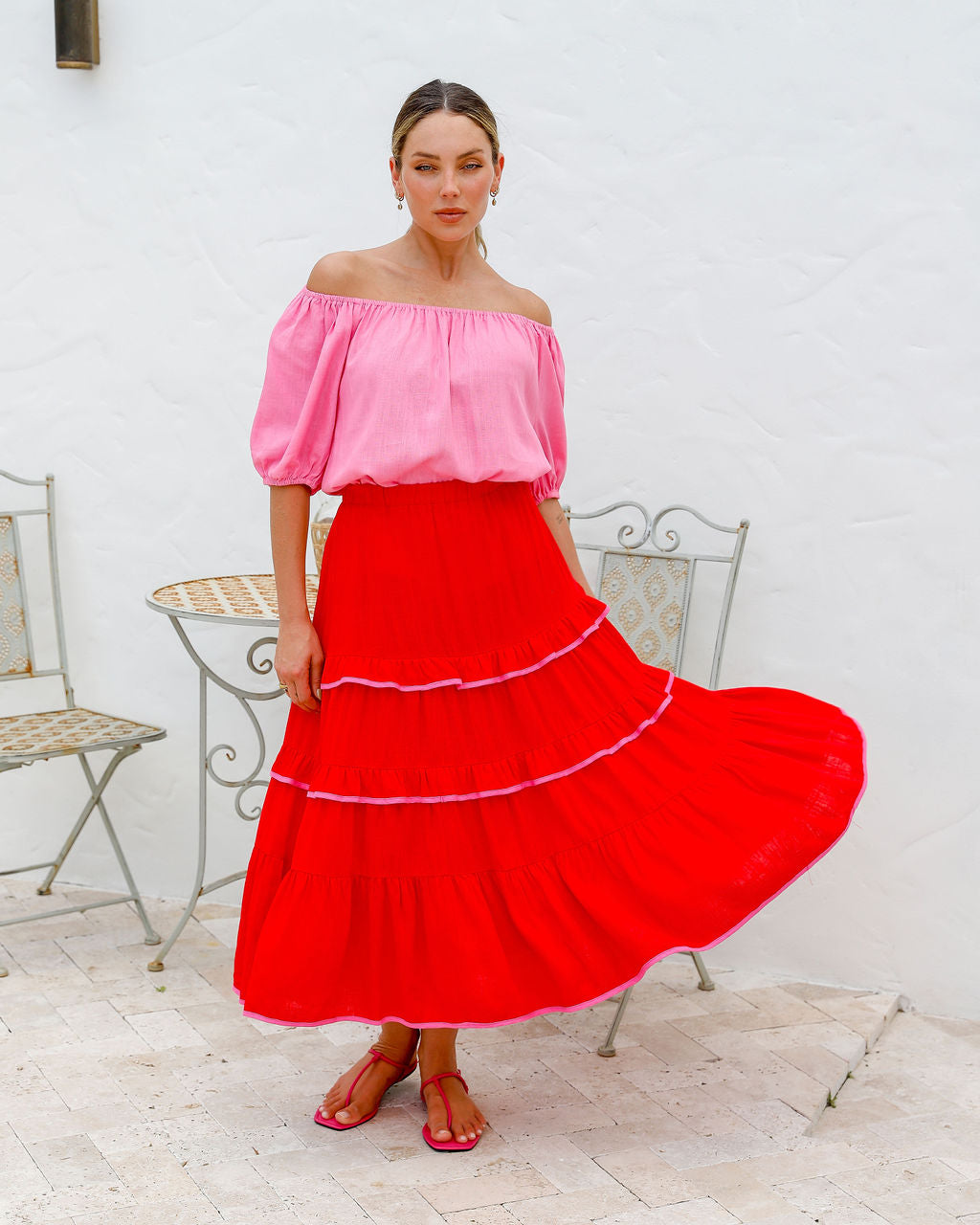 Red maxi skirt with pink trim