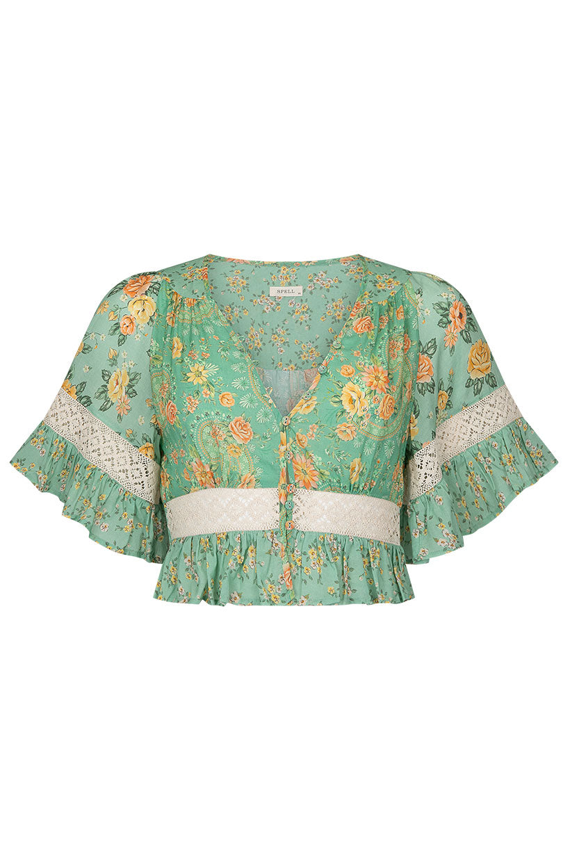 Cropped frill blouse with lace in sleeve and at waist pretty floral print