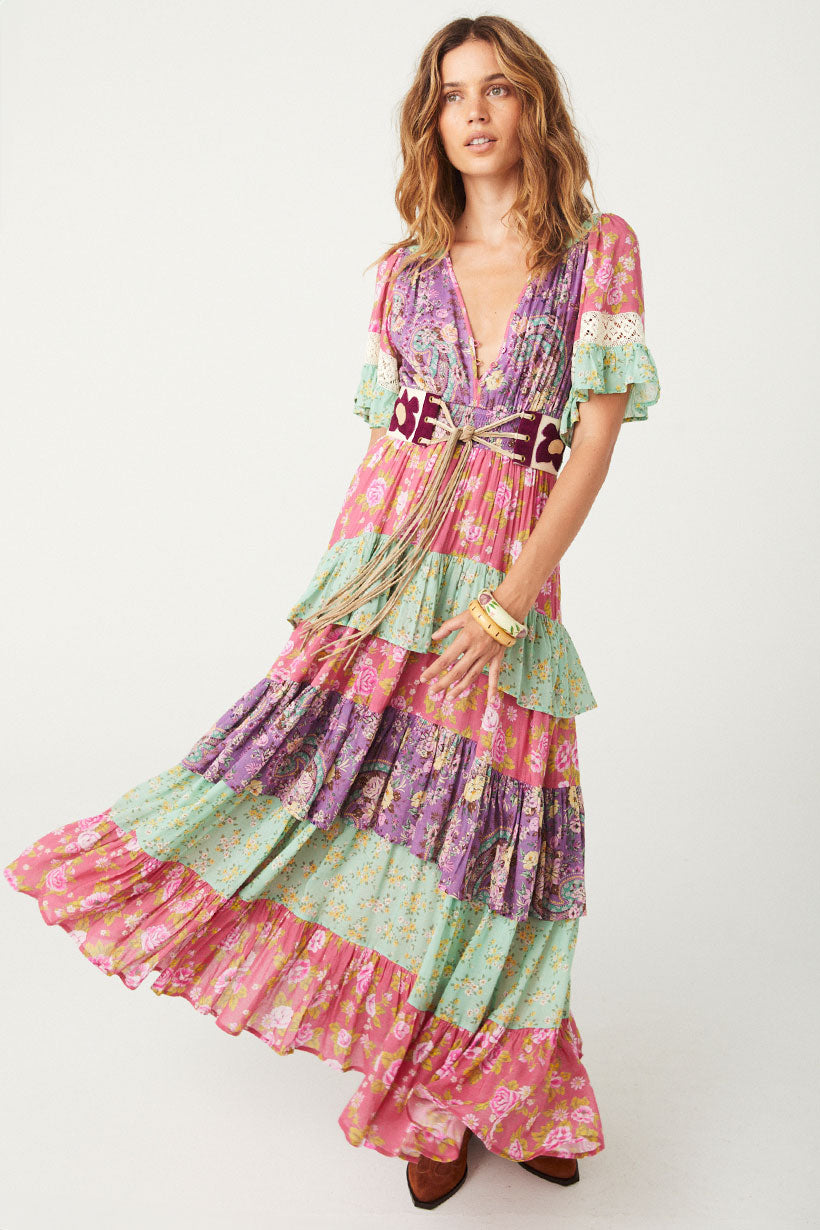 Tiered Ruffle Dress in multicolour beatnik floral print from Spell