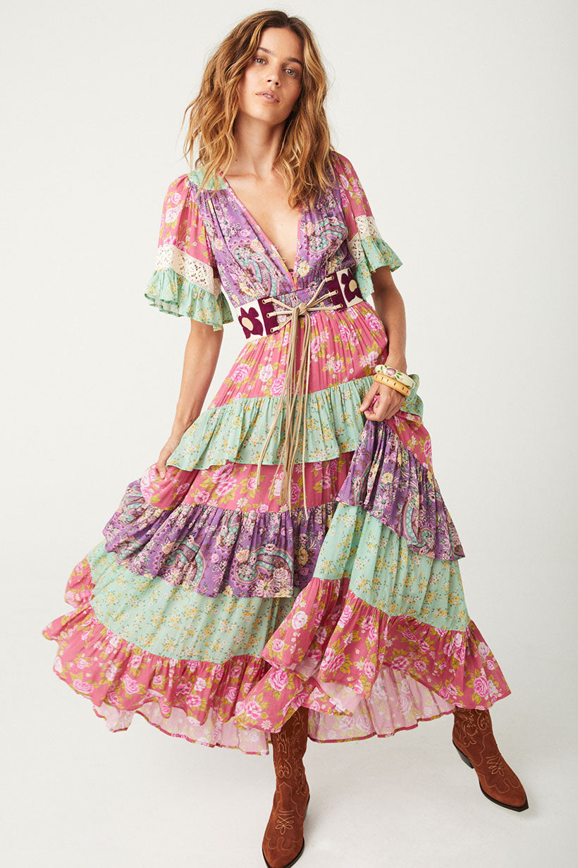 Tiered Ruffle Dress in multicolour beatnik floral print from Spell