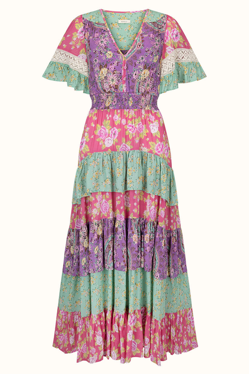 Tiered Ruffle Dress in multicolour beatnik floral print from Spell