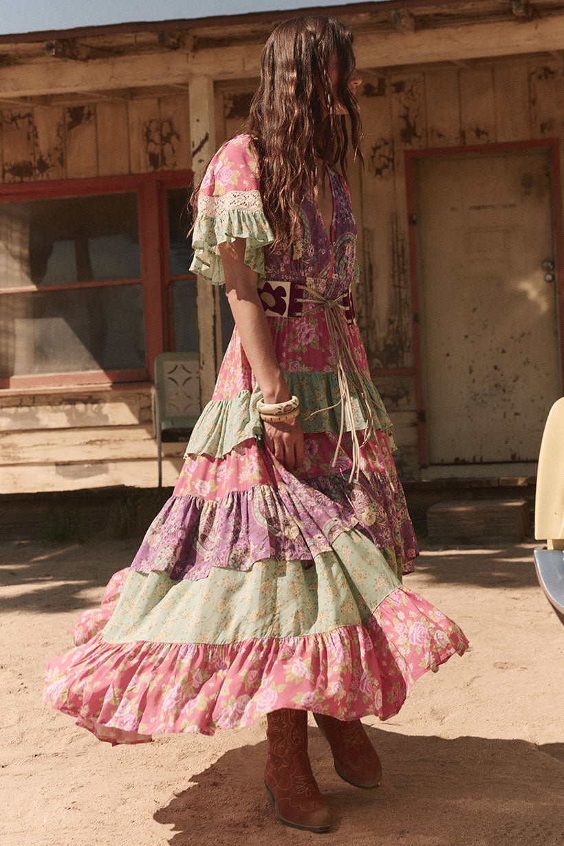 Tiered Ruffle Dress in multicolour beatnik floral print from Spell