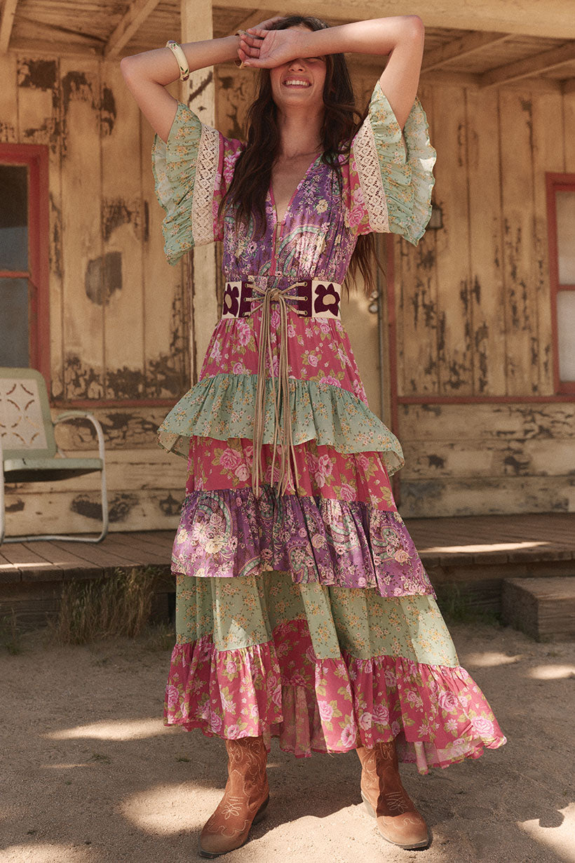 Tiered Ruffle Dress in multicolour beatnik floral print from Spell