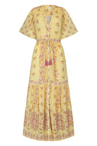 Yellow floral maxi dress with button through details and elasticated ties