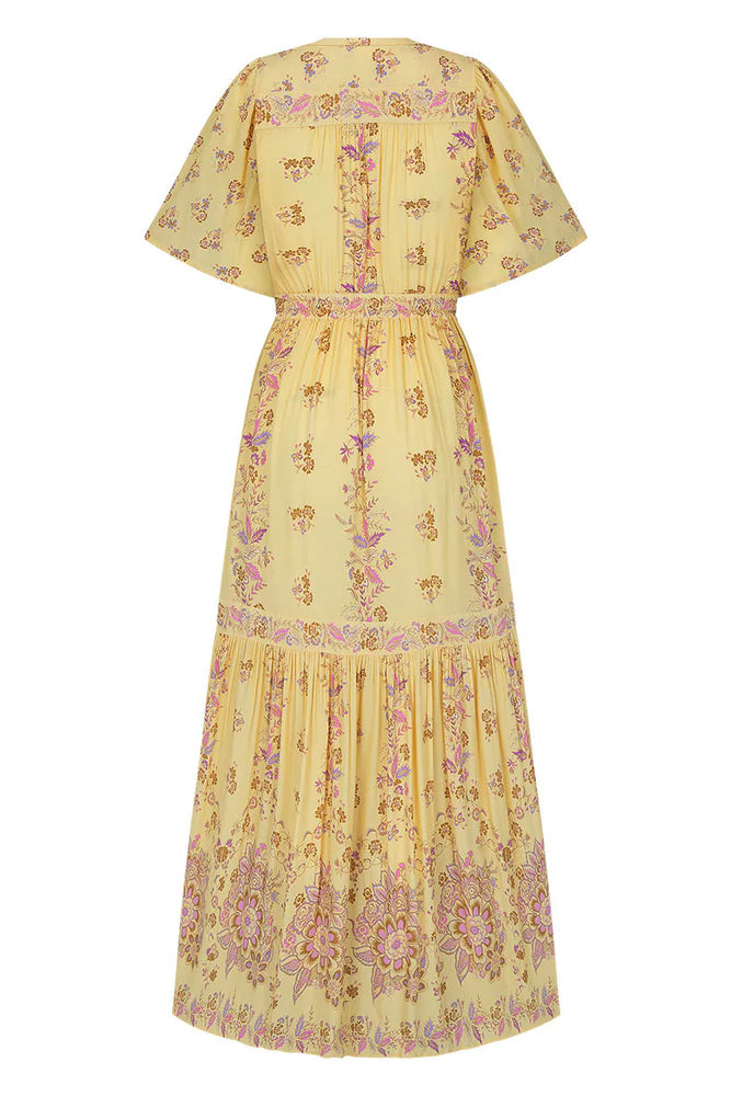 Yellow floral maxi dress with button through details and elasticated ties