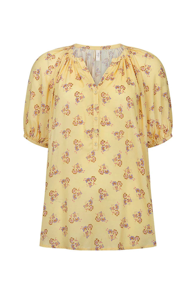 Yellow floral print blouse with button up front