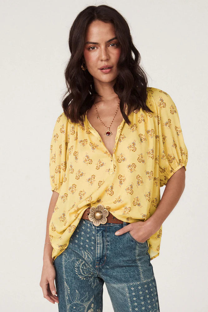 Yellow floral print blouse with button up front