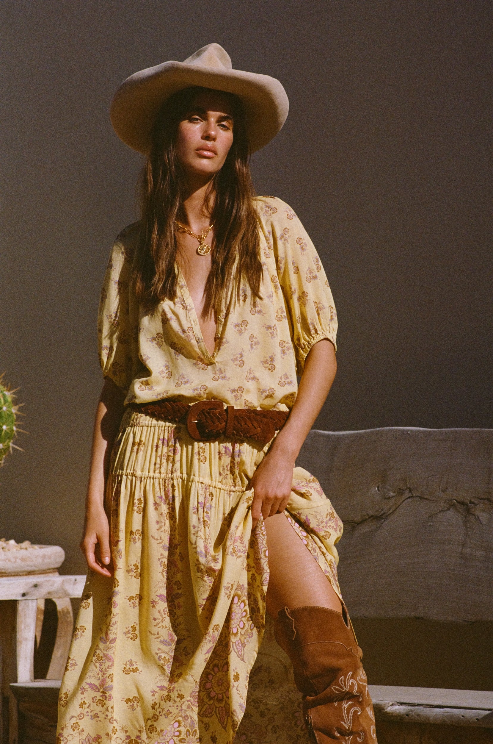 Yellow floral print blouse with button up front