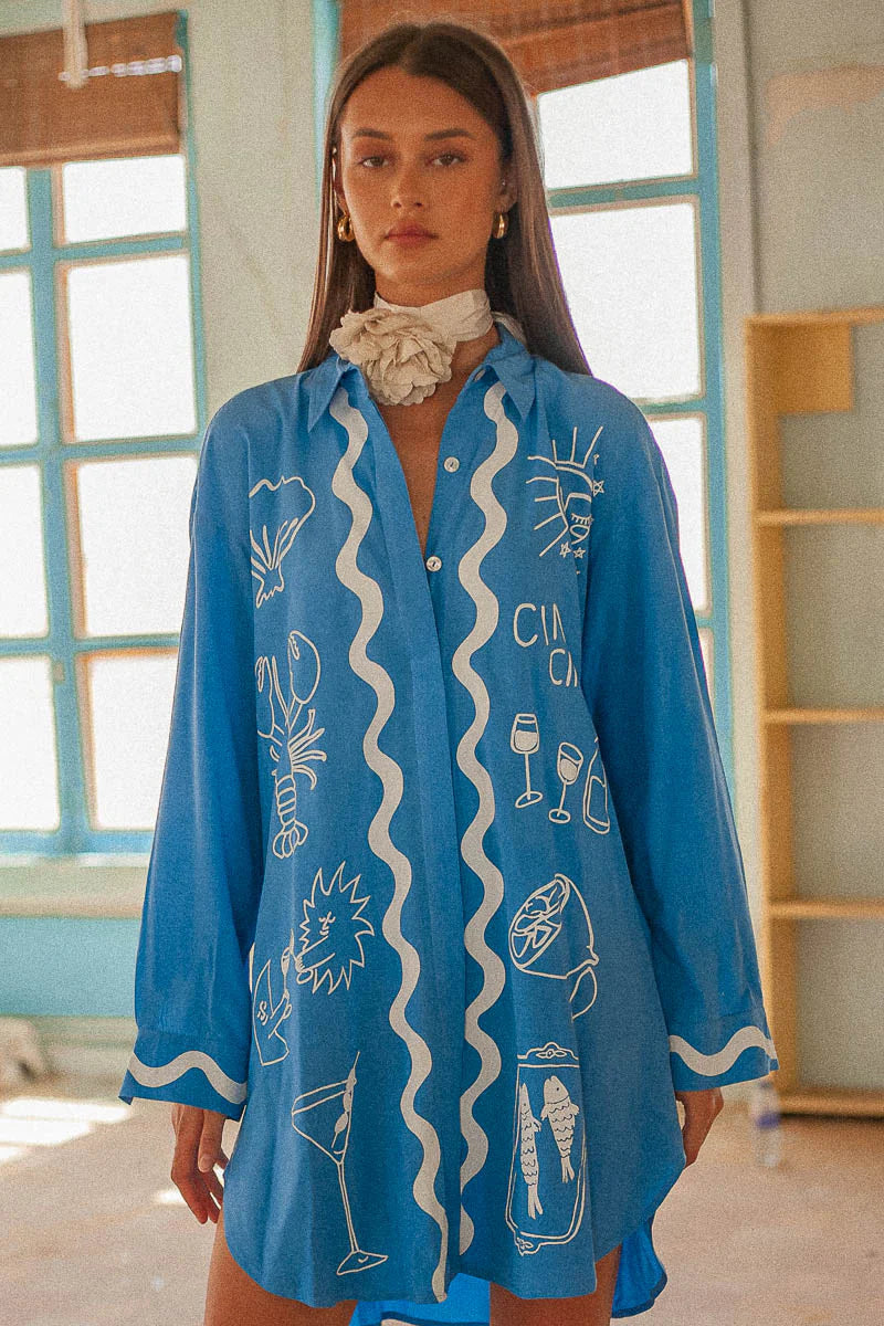 Palm Collective Wine Club Shirt Dress in Blue with white print and long sleeve